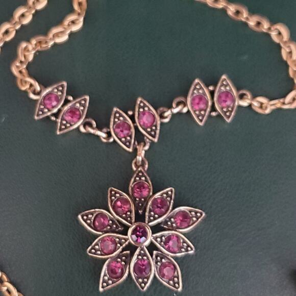 Caroline Necklace Gold Tone Purple Rhinestones in Black Art Deco Style Signed - Picture 6 of 9